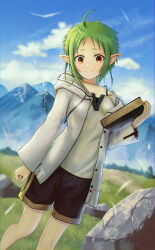 Rule 34 | 1girl, absurdres, ahoge, black shorts, blue sky, book, closed mouth, cloud, day, elf, green hair, highres, holding, holding book, hood, hooded jacket, jacket, konbanwa01, mountain, mushoku tensei, outdoors, pointy ears, red eyes, shirt, shorts, sky, smile, solo, standing, sylphiette (mushoku tensei), white jacket, white shirt