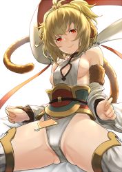 Rule 34 | 10s, 1girl, andira (granblue fantasy), animal ears, bare shoulders, blonde hair, breasts, cleavage cutout, closed mouth, clothing cutout, detached sleeves, erune, granblue fantasy, hairband, looking at viewer, monkey ears, monkey tail, partially visible vulva, red eyes, robo8, sash, shawl, sideboob, simple background, small breasts, smile, solo, spread legs, tail, white background, white legwear, wide sleeves