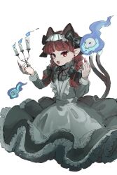 Rule 34 | 1girl, :d, animal ears, apron, black bow, blue fire, bow, braid, candle, candlestand, cat ears, cat girl, dress, earrings, fire, frilled dress, frills, grey dress, hair bow, highres, holding, jewelry, kaenbyou rin, long hair, looking at viewer, neck ribbon, open mouth, pointy ears, red eyes, red hair, red ribbon, ribbon, simple background, sketch, skull, slit pupils, smile, solo, stud earrings, touco to, touhou, twin braids, white apron, white background