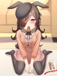 Rule 34 | 1girl, absurdres, animal ears, bag, belt, black hat, black pantyhose, black ribbon, blurry, blurry background, blush, brown hair, buttons, cake, cake slice, closed mouth, collared shirt, commentary request, couch, factory314, food, food in mouth, full body, hair over one eye, half-closed eyes, hat, heart button, highres, horse ears, horse girl, horse tail, jacket, long hair, long sleeves, looking at viewer, musical note, no shoes, open clothes, open jacket, orange jacket, own hands together, pantyhose, pink belt, pink shirt, plastic bag, purple eyes, ribbon, rice shower (umamusume), shirt, sitting, skirt, solo, striped clothes, striped shirt, striped skirt, tail, tilted headwear, umamusume, vertical-striped clothes, vertical-striped shirt, vertical-striped skirt, wariza, white shirt