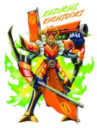 Rule 34 | armor, digimon, energy, glowing, highres, kamen rider, kamen rider gaim, kamen rider gaim (series), kazuchimon, looking at viewer, samurai, simple background, white background