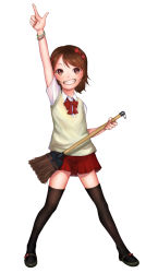 Rule 34 | 1girl, bow, bracelet, broom, brown eyes, brown hair, grin, hair bow, highres, jewelry, mary janes, original, pointing, school uniform, shin (porno), shoes, short hair, skirt, smile, solo, sweater vest, thighhighs, zettai ryouiki