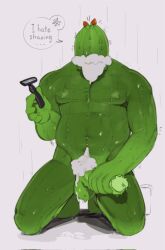 Rule 34 | 1boy, 1kogito1, bara, beard stubble, belly, cactus, cactus boy, colored skin, completely nude, english text, erection, faceless, faceless male, facial hair, foam, green skin, hand on penis, highres, kneeling, large pectorals, male focus, monster boy, muscular, muscular male, mustache stubble, nude, original, pectorals, penis grab, plant, plant boy, razor blade, shaving, shaving beard, shaving crotch, showering, solo, strongman waist, stubble, testicles, thighs, thorns