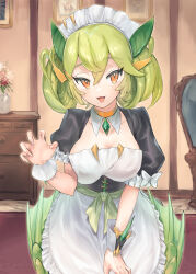 Rule 34 | 1girl, :d, absurdres, apron, armchair, breasts, carpet, chair, claw pose, cleavage, collarbone, detached collar, double-parted bangs, dragon girl, dragon horns, dragon wings, drawer, dress, duel monster, fang, fingernails, flower, frilled apron, frills, gem, green gemstone, green horns, green wings, hair between eyes, highres, horns, indoors, light green hair, maid, maid apron, maid headdress, medium breasts, nataro 1116, open mouth, orange eyes, parlor dragonmaid, puffy short sleeves, puffy sleeves, red flower, short hair, short sleeves, smile, solo, tsurime, underbust, waist apron, white apron, white flower, white wrist cuffs, wings, wrist cuffs, yu-gi-oh!