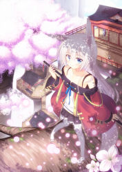 Rule 34 | 4girls, animal ears, architecture, bare shoulders, blue eyes, cherry blossoms, collarbone, east asian architecture, flower, fox ears, fox tail, from above, highres, japanese clothes, long hair, looking at viewer, misaki yuu, multiple girls, open mouth, original, petals, tail, thighhighs, tree, treehouse, white hair, white legwear