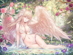 Rule 34 | 1girl, absurdres, angel wings, arm support, bikini, blonde hair, branch, breasts, cleavage, covered erect nipples, day, fairy, feathers, flower, full body, gem, hand up, high heels, highres, jewelry, long hair, looking at viewer, navel, necklace, original, outdoors, petals, red eyes, rinmmo, see-through, shoes, sitting, smile, solo, swimsuit, thighhighs, thighs, very long hair, water, white bikini, white feathers, white footwear, wings