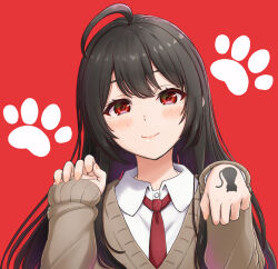 Rule 34 | 1girl, ahoge, animal print, black hair, blush, brown cardigan, cardigan, cat print, closed mouth, collared shirt, commentary request, highres, inanaki shiki, long hair, long sleeves, looking at viewer, necktie, original, paw pose, paw print, paw print background, red background, red eyes, red necktie, school uniform, shirt, simple background, smile, solo, white shirt