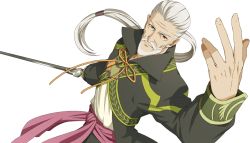 Rule 34 | 1boy, beard, coat, facial hair, grey eyes, long hair, low-tied long hair, male focus, mustache, official art, old, old man, ponytail, rapier, rowen j. ilbert, smile, solo, sword, tales of (series), tales of xillia, transparent background, weapon, white background, white hair