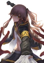 Rule 34 | 1girl, abs, black gloves, black jacket, black pantyhose, black skirt, breasts, brown eyes, brown hair, empty eyes, fingerless gloves, from below, girls&#039; frontline, gloves, hair ornament, hairclip, hebai xiaochuan, imminent punch, jacket, long hair, long sleeves, looking at viewer, mouth hold, open clothes, open mouth, open shirt, pantyhose, parted lips, pov, pov hands, scar, scar across eye, shirt, shirt grab, side ponytail, sitting, sitting on person, skirt, small breasts, teeth hold, ump45 (girls&#039; frontline), white background, white shirt