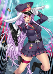 Rule 34 | 1girl, alternate costume, animal ears, boots, breasts, casing ejection, female focus, gloves, gun, handgun, hat, highres, holster, houtengeki, large breasts, long hair, looking at viewer, military, military uniform, nazi, necktie, parted lips, peaked cap, pistol, purple hair, rabbit ears, red eyes, red necktie, reisen udongein inaba, shell casing, skirt, smile, solo, thigh holster, thigh strap, touhou, uniform, very long hair, weapon, white gloves