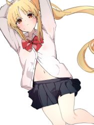 Rule 34 | 1girl, ahoge, arms up, black skirt, blonde hair, blurry, blush, bocchi the rock!, bow, bowtie, closed mouth, collared shirt, commentary, depth of field, detached ahoge, feet out of frame, highres, ijichi nijika, long hair, looking ahead, midriff peek, miniskirt, navel, parted bangs, partially unbuttoned, polka dot bowtie, red bow, red bowtie, red eyes, shirt, side ponytail, simple background, skirt, solo, sweat, ukitaryu, white background, white shirt