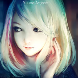 Rule 34 | 1girl, blue eyes, close-up, closed mouth, highres, lips, looking to the side, multicolored hair, original, portrait, rainbow hair, short hair, solo, watermark, web address, yuumei