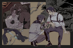Rule 34 | 2boys, absurdres, bandaged arm, bandages, black border, black footwear, black gloves, black hair, black pants, black sclera, blood, bloody bandages, border, brown background, brown footwear, brown hair, chest harness, closed eyes, collared shirt, colored sclera, commentary, commission, english commentary, fingerless gloves, full body, gloves, green eyes, grey shirt, hand up, harness, highres, injury, looking at another, low ponytail, lying, male focus, medium hair, multiple boys, muted color, on back, on side, original, outdoors, pants, shirt, shoes, short hair, sidelocks, sitting, sleeping, squatting, syringe, yellow eyes, yulei yuuuuu