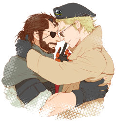 Rule 34 | 2boys, beard, beret, black gloves, blonde hair, blue eyes, brown hair, coat, eyepatch, facial hair, facial scar, fingerless gloves, from side, gloves, hat, hug, katou setsuko, kazuhira miller, long sleeves, looking at another, male focus, mechanical arms, metal gear (series), metal gear solid v: the phantom pain, multiple boys, parted lips, ponytail, prosthesis, prosthetic arm, scar, scar on cheek, scar on face, scar on nose, short hair, simple background, single mechanical arm, smile, stubble, sunglasses, venom snake, white background, yaoi
