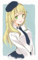 Rule 34 | 10s, 1girl, anzio school uniform, beret, black hat, black skirt, blonde hair, blue background, carpaccio (girls und panzer), commentary, cropped torso, dress shirt, emblem, girls und panzer, green eyes, hat, long hair, long sleeves, looking at viewer, one-hour drawing challenge, open mouth, outside border, pleated skirt, school uniform, shirt, skirt, smile, solo, standing, tam a mat, twitter username, upper body, v arms, white shirt
