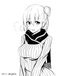 Rule 34 | 1girl, breasts, dated, fringe trim, greyscale, highres, monochrome, ribbed sweater, scarf, shuuichi, simple background, smile, solo, sweater, white background