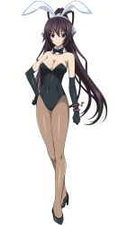 Rule 34 | 10s, 1girl, animal ears, black gloves, black hair, breasts, cleavage, covered navel, elbow gloves, fake animal ears, full body, gloves, highres, infinite stratos, leotard, long hair, looking at viewer, medium breasts, pantyhose, playboy bunny, ponytail, purple eyes, rabbit ears, shinonono houki, smile, solo, transparent background