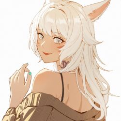 Rule 34 | 1girl, alternate hair length, alternate hairstyle, animal ears, aqua nails, bare shoulders, brown sweater, cat ears, commentary, english commentary, facial mark, final fantasy, final fantasy xiv, from behind, grey eyes, hand up, highres, long hair, looking at viewer, looking back, lyra-kotto, nail polish, neck tattoo, off-shoulder sweater, off shoulder, portrait, simple background, slit pupils, smile, solo, spaghetti strap, sweater, tattoo, white background, white hair, y&#039;shtola rhul
