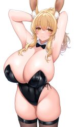 Rule 34 | 1girl, absurdres, animal ear fluff, animal ears, arms behind back, blonde hair, blush, bow, bowtie, breasts, cleavage, curvy, detached collar, highres, huge breasts, leotard, long hair, original, playboy bunny, ponytail, rabbit ears, sidelocks, solo, suruga (xsurugax), thick thighs, thighhighs, thighs, yellow eyes