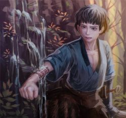 Rule 34 | 1boy, absurdres, ashitaka, black hair, blue shirt, clenched hand, cliff, commentary, forest, highres, hilt, leown, male focus, miyazaki hayao (person), mononoke hime, nature, outdoors, outstretched arm, painting (medium), scar, shirt, short hair, traditional media, water, waterfall, weapon