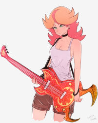 Rule 34 | 1girl, alternate hair length, alternate hairstyle, amanda o&#039;neill, artist name, black choker, breasts, choker, cleavage, green eyes, guitar, highres, instrument, little witch academia, long hair, multicolored hair, omiza somi, orange hair, shorts, simple background, solo, tank top, two-tone hair, white background