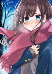 Rule 34 | 1girl, absurdres, arm up, bad id, bad pixiv id, bare tree, black hair, blazer, blue coat, blue eyes, blurry, blurry background, blush, clutching chest, coat, commentary, enpera, grey sweater, hair blowing, hand on own chest, highres, jacket, light smile, long hair, long sleeves, looking at viewer, open clothes, open coat, original, outdoors, red scarf, scarf, shigure0730, snowflakes, snowing, solo, standing, sweater, swept bangs, tearing up, tree, uniform, upper body, wind, wind lift