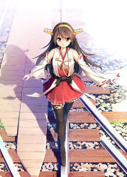Rule 34 | 1girl, :d, bare shoulders, black footwear, black hair, boots, brown eyes, detached sleeves, full body, hair ornament, hairclip, haruna (kancolle), headgear, kantai collection, kuro-kun (nablack), long hair, looking at viewer, nontraditional miko, open mouth, pleated skirt, railroad tracks, red skirt, skirt, smile, solo, thigh boots, thighhighs
