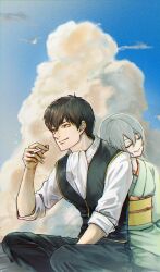 Rule 34 | 1boy, 1girl, ascot, black hair, black pants, blue sky, character request, cigarette, closed mouth, cloud, feet out of frame, gintama, grey hair, highres, hijikata toushirou, holding, holding cigarette, medium hair, pants, robe, shinomy, short hair, sky, sweater vest, white ascot, white robe