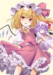 Rule 34 | 1girl, :d, absurdres, ascot, blonde hair, blush, breasts, character doll, contrapposto, crystal, doll, fang, feet out of frame, flandre scarlet, hat, highres, holding, holding doll, kitora (kisekinonameko), looking at viewer, medium hair, mob cap, open mouth, petite, petticoat, puffy short sleeves, puffy sleeves, purple hair, red eyes, red skirt, red vest, remilia scarlet, short sleeves, simple background, skirt, skirt set, small breasts, smile, solo, standing, touhou, vest, white background, wings, yellow ascot, | |