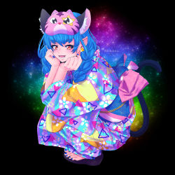 Rule 34 | 1girl, absurdres, animal ears, blue eyes, cat ears, cat tail, commentary request, dededeteiu, earrings, fangs, highres, japanese clothes, jewelry, kimono, mask, mask on head, nail polish, obi, open mouth, orange eyes, precure, sandals, sash, solo, space, star (sky), star twinkle precure, stud earrings, tail, toenail polish, toenails, yukata, yuni (precure)