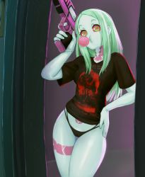 Rule 34 | 1girl, alternate costume, alternate hairstyle, artificial eye, black panties, blowing bubbles, cameltoe, chewing gum, cleft of venus, colored sclera, curvy, cyberpunk (series), cyberpunk edgerunners, green hair, gun, hair down, highres, holding, holding gun, holding weapon, leg tattoo, long hair, looking at viewer, mechanical eye, neck tattoo, no pants, oppaiserothicc, panties, petite, print shirt, rebecca (cyberpunk), red eyes, red pupils, red sclera, science fiction, shiny skin, shirt, sidelocks, solo, stomach tattoo, straight hair, tattoo, thong, underwear, weapon, wide hips