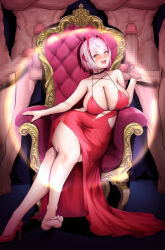 Rule 34 | 1girl, 4boys, absurdres, arknights, barefoot, blush, breasts, censored, chair, cleavage, clothed female nude male, crossed legs, demon girl, demon horns, dress, erection, grey hair, hetero, high heels, highres, holding, holding clothes, horns, large breasts, looking at viewer, mosaic censoring, multiple boys, nude, open mouth, penis, red dress, red nails, short hair, sitting, smile, surrounded by penises, throne, w (arknights), yellow eyes, zhait007