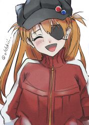 Rule 34 | 1girl, alclskii, artist name, black hat, eyepatch, facing viewer, hands in pockets, hat, highres, long hair, neon genesis evangelion, open mouth, rebuild of evangelion, red hair, simple background, smile, solo, souryuu asuka langley, turtleneck, white background