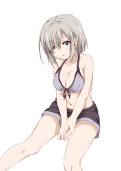 Rule 34 | 10s, 1girl, absurdres, alternate costume, bikini, bikini top only, blue eyes, breasts, female focus, hair over one eye, hamakaze (kancolle), highres, ippachi, kantai collection, large breasts, short hair, shorts, silver hair, sitting, solo, swimsuit