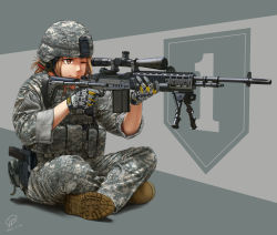 Rule 34 | 1girl, aiming, army, battle rifle, camouflage, dated, digital camouflage, gloves, gun, helmet, highres, holstered, jpc, m14, one eye closed, original, rifle, signature, sitting, united states army, weapon