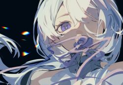 1girl blue_eyes bow chromatic_aberration flower hair_between_eyes hair_over_eyes highres long_hair looking_at_viewer mole mole_under_eye mouth_hold off_shoulder original ribbon ribbon_in_mouth simple_background solo user_kkkx2225 white_hair