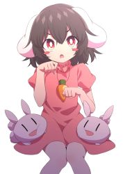 Rule 34 | 1girl, animal ears, arms up, black hair, blush stickers, bright pupils, buck teeth, carrot necklace, chestnut mouth, commentary request, dress, feet out of frame, hair between eyes, head tilt, highres, inaba tewi, jewelry, knees together feet apart, legs together, necklace, paw pose, pink dress, puffy short sleeves, puffy sleeves, rabbit, rabbit ears, red eyes, short hair, short sleeves, simple background, sitting, solo, teeth, touhou, tsukimirin, white background, white pupils, | |