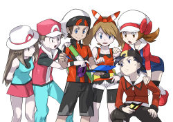 Rule 34 | 00s, 10s, 3boys, 3girls, absurdres, backwards hat, bag, baseball cap, black hair, blue eyes, bracelet, brendan (pokemon), brendan (pokemon oras), brown eyes, brown hair, cabbie hat, creatures (company), curious, donnpati, ethan (pokemon), fanny pack, game boy advance, game freak, hair ribbon, handheld game console, hat, hat ribbon, highres, jewelry, leaf (pokemon), long hair, lyra (pokemon), may (pokemon), may (pokemon oras), multiple boys, multiple girls, nintendo, nintendo 3ds, nintendo ds, official style, overalls, pokemon, pokemon frlg, pokemon hgss, pokemon oras, red (pokemon), red (pokemon frlg), red skirt, ribbon, shirt, short hair, short shorts, shorts, shoulder bag, skirt, sleeveless, sleeveless shirt, thighhighs, twintails, two side up, white background
