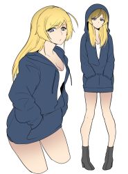 Rule 34 | 1girl, ahoge, alternate hair color, ankle boots, black footwear, blonde hair, blue jacket, boots, closed mouth, drawstring, frown, girls und panzer, hands in pockets, high heel boots, high heels, highres, hood, hoodie, hoshikawa (hoshikawa gusuku), isuzu hana, jacket, leaning forward, long hair, long sleeves, looking at viewer, multiple views, shirt, simple background, standing, unzipped, white background, white shirt