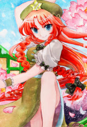 Rule 34 | 1girl, bad id, bad pixiv id, blue eyes, bow, braid, breasts, cherry blossoms, china dress, chinese clothes, dress, female focus, fighting stance, flower, hair bow, hat, highres, hong meiling, leg up, long hair, nature, outdoors, petals, plant, red hair, sky, smile, solo, star (symbol), touhou, traditional media, twin braids, wrist cuffs, yui (calling dr love m)