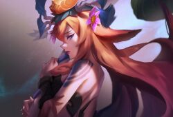 Rule 34 | 1girl, animal ears, antlers, bare shoulders, brown hair, colored skin, flower, from side, hair flower, hair ornament, highres, horns, horse ears, kamiaodeyemao, league of legends, lillia (league of legends), looking at viewer, multicolored background, multicolored skin, official alternate costume, orange flower, pink eyes, pink flower, pink lips, pink skin, profile, solo