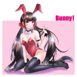 Rule 34 | 1girl, absurdres, animal ears, bare shoulders, black thighhighs, blush, bow, bowtie, breasts, brown hair, cleavage, closed mouth, collarbone, danganronpa (series), danganronpa v3: killing harmony, detached collar, fake animal ears, fishnet thighhighs, fishnets, hair ornament, hairclip, hand up, harukawa maki, high heels, highres, leotard, long hair, looking at viewer, medium breasts, playboy bunny, pout, rabbit ears, rabbit tail, red eyes, red leotard, satori (aosky9077), shoes, solo, strapless, strapless leotard, tail, thighhighs, two-tone background, wrist cuffs