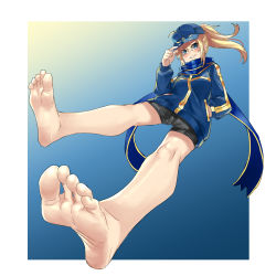 Rule 34 | 1girl, ahoge, artoria pendragon (fate), barefoot, baseball cap, blonde hair, blue eyes, blue scarf, border, eiji (eiji), fate/grand order, fate (series), feet, foot focus, foreshortening, hand in pocket, hat, highres, long hair, looking at viewer, mysterious heroine x (fate), ponytail, rojiura satsuki: chapter heroine sanctuary, scarf, shorts, smile, soles, solo, toes, white border