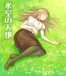 Rule 34 | 00s, 1girl, breasts, brown hair, closed eyes, fate/stay night, fate (series), glasses, grass, himuro kane, long hair, lying, no shoes, on side, outdoors, pantyhose, short sleeves, skirt, sleeping, solo, task owner