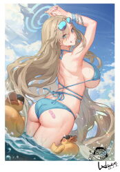 Rule 34 | 1girl, :d, alternate costume, arm up, doodle sensei (blue archive), ass, asuna (blue archive), aviator sunglasses, back, bandaid, bandaid on ass, bare shoulders, bikini, blonde hair, blue archive, blue bikini, blue eyes, blue sky, blush, border, bracelet, breasts, cloud, dated, day, eyewear on head, feet out of frame, from side, grin, hair between eyes, halo, halterneck, highres, interlocked fingers, jewelry, large breasts, long hair, looking at viewer, looking back, lxkate, median furrow, nail polish, open mouth, outdoors, own hands together, parted lips, purple nails, rubber duck, sensei (blue archive), sideboob, signature, sky, smile, snorkel, solo, standing, strap gap, sunglasses, swimsuit, thighs, underboob, very long hair, wading, water, wavy hair, white border