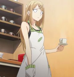 Rule 34 | 10s, 1girl, brown hair, closed mouth, coffee cup, cup, dagashi kashi, disposable cup, endou saya, highres, holding, holding plate, indoors, long hair, plate, screencap, solo, standing, stitched, third-party edit