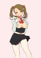 Rule 34 | 10s, 1girl, alternate legwear, arm behind back, bad id, bad pixiv id, belt, blush, breasts, brown eyes, brown hair, gundam, gundam build fighters, gundam build fighters try, high-waist skirt, highres, looking at viewer, open clothes, open mouth, open shirt, pink background, pleated skirt, sazaki kaoruko, shirt, shouhan, simple background, skirt, sleeves past wrists, solo, sweatdrop, swept bangs, thighhighs, twintails, white thighhighs