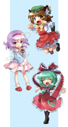 Rule 34 | 3girls, :d, ^ ^, animal ears, blush, boots, bow, brown hair, cat ears, cat girl, chen, chibi, closed eyes, cross-laced footwear, dress, earrings, eyeball, fang, female focus, front ponytail, green hair, hair bow, hair ribbon, jewelry, jumping, kagiyama hina, katahira masashi, knee boots, komeiji satori, lace-up boots, multiple girls, multiple tails, no nose, open mouth, outside border, outstretched arms, paw pose, pink hair, ribbon, simple background, slippers, smile, socks, spread arms, standing, tail, touhou, wavy hair
