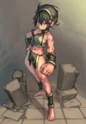 Rule 34 | 1girl, abs, alternate costume, armband, avatar: the last airbender, avatar legends, barefoot, black hair, blue eyes, breasts, choker, clenched hand, eyeshadow, full body, green eyeshadow, hair between eyes, hairband, halterneck, halterneck, hand on own hip, highres, kelvin hiu, makeup, muscular, muscular female, navel, pelvic curtain, shin guards, sidelocks, small breasts, solo, toes, toph bei fong, vambraces