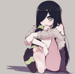 Rule 34 | 1girl, aria wintermint, bare shoulders, black hair, feet, highres, long hair, looking at viewer, off shoulder, panties, pantyshot, parororo, shirt, sitting, skirt, socks, solo, striped clothes, striped socks, the crawling city, underwear